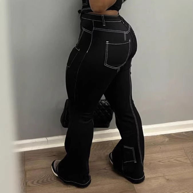 Ladies High-Waist Flared Jeans with Contrast Stitches and Cargo Inserts Amarae