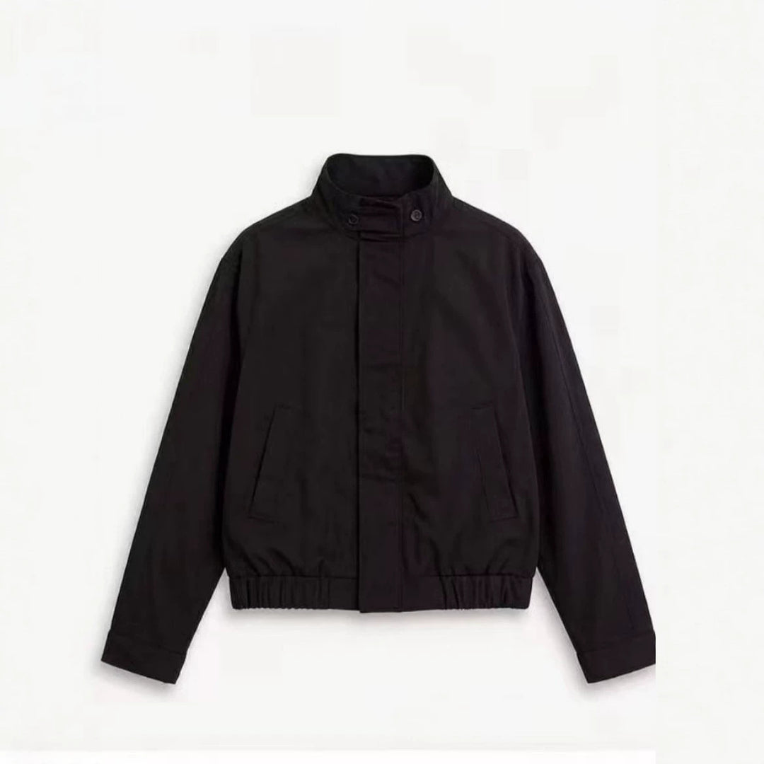 Men's Short Stand Collar Blouson with Hidden Zipper and Elastic Hem Amarae