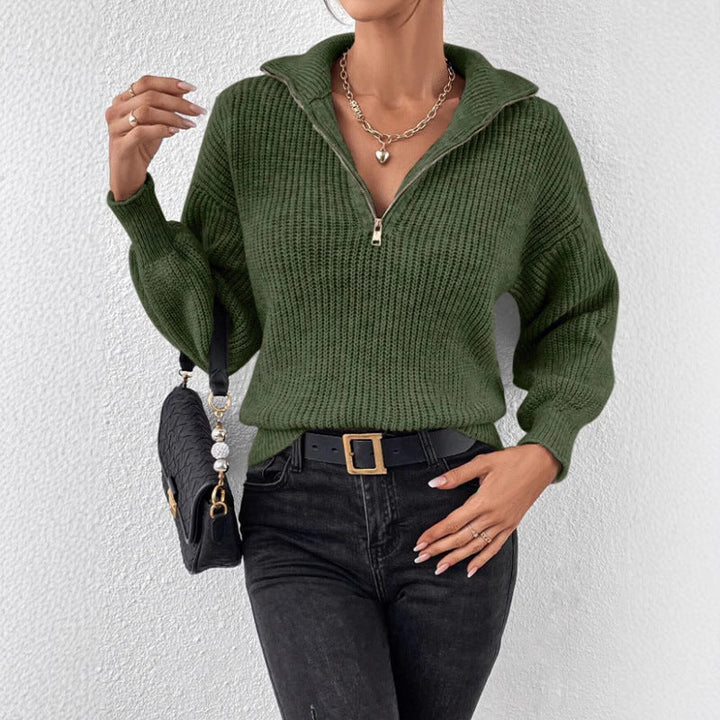 Women's Fashionable Sweater with High Collar and Zipper Lune London