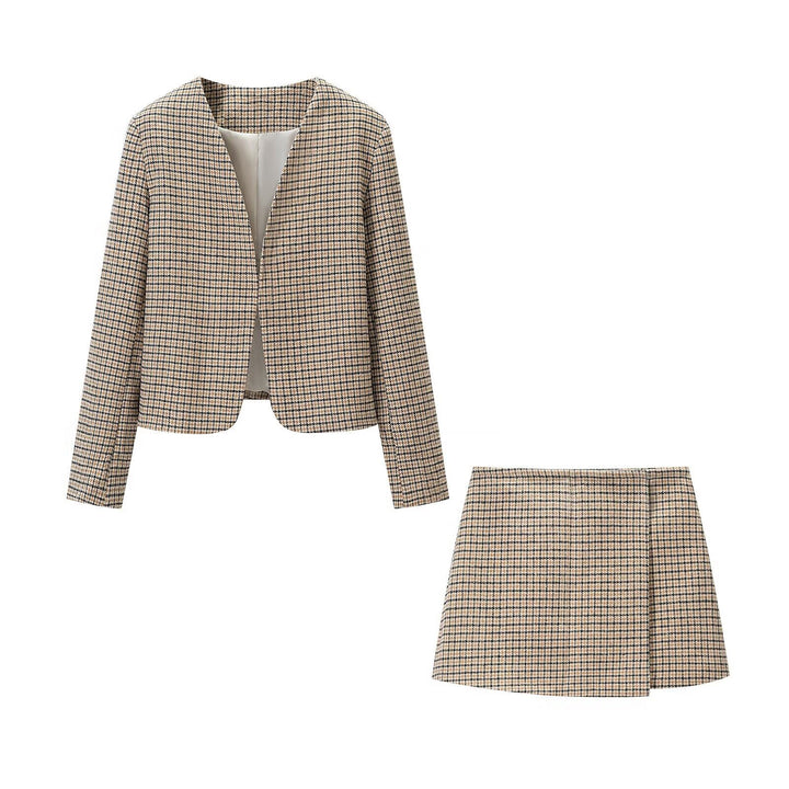 Ladies Two-Piece Tweed Ensemble with Collarless Cropped Blazer and A-Line Mini Skirt Amarae