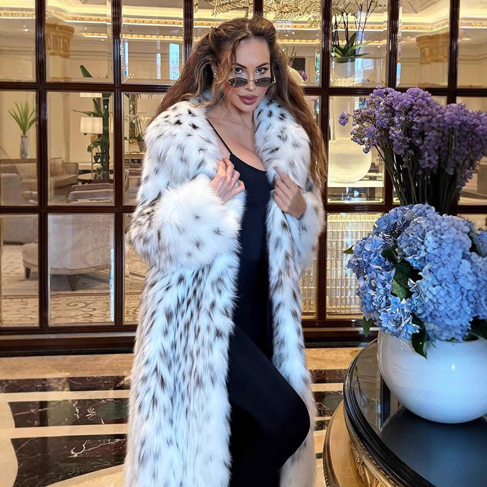 Women's luxurious long plush faux fur coat with opulent fur collar and speckled design Amarae