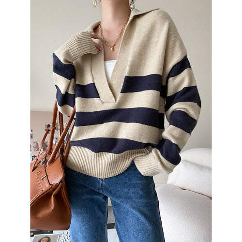 Ladies knit sweater with V-neck and stripes