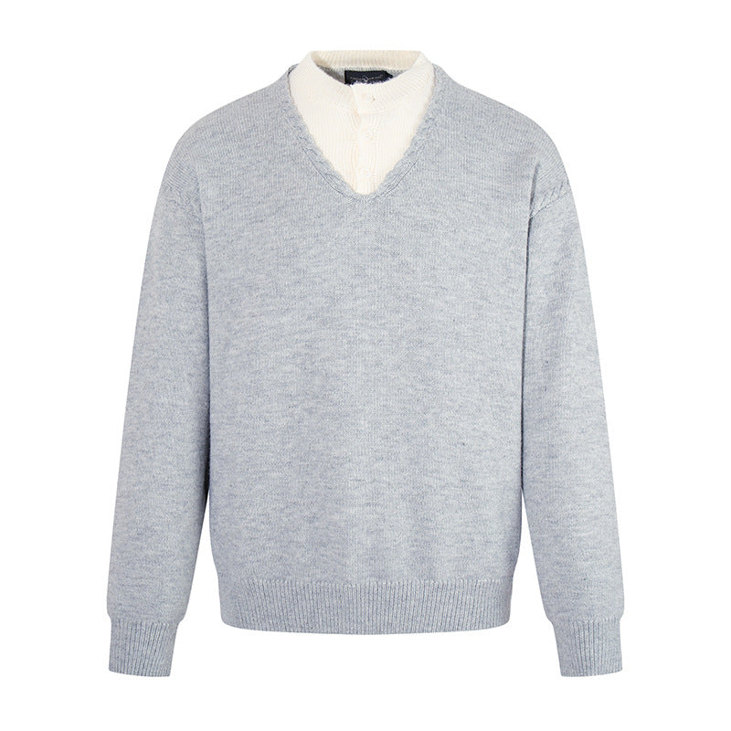 Men's Fine V-Neck Sweater with Layered Look and Stand-Up Collar Inner Part Amarae