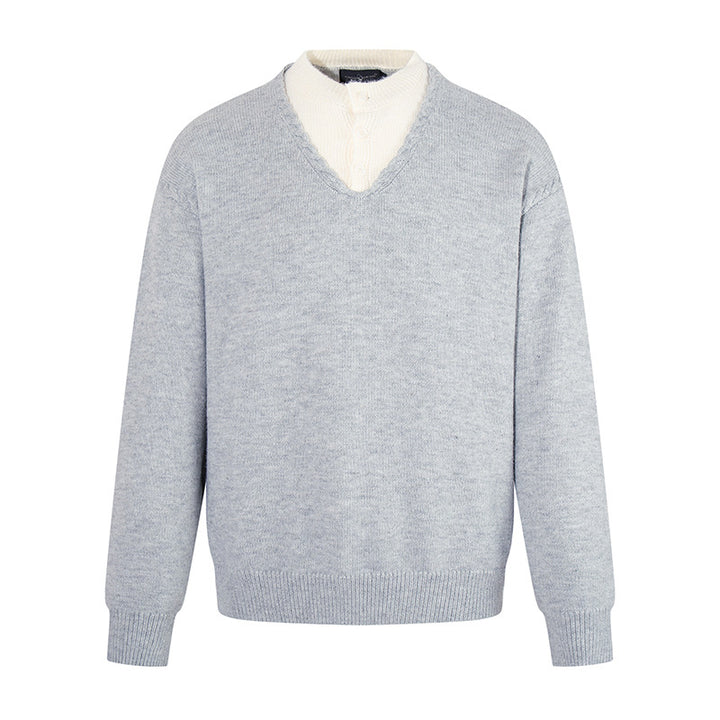 Men's Fine V-Neck Sweater with Layered Look and Stand-Up Collar Inner Part Amarae