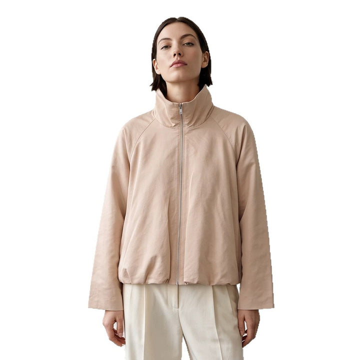 Women's light transitional jacket with high stand-up collar, raglan sleeves, and ballooned hem Amarae