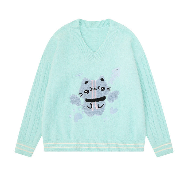 Women's V-neck knitted sweater with cable sleeves and chenille cat motif Amarae