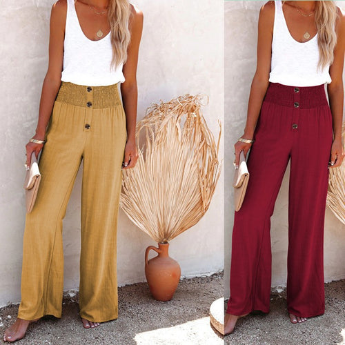 Amarae Women's Wide Palazzo Pants with Button Detail and Elastic Waist