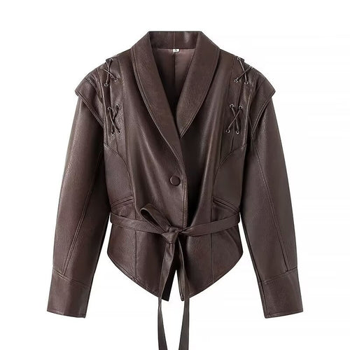 Synthetic leather jacket for women with adjustable belt and contrast stitching Amarae