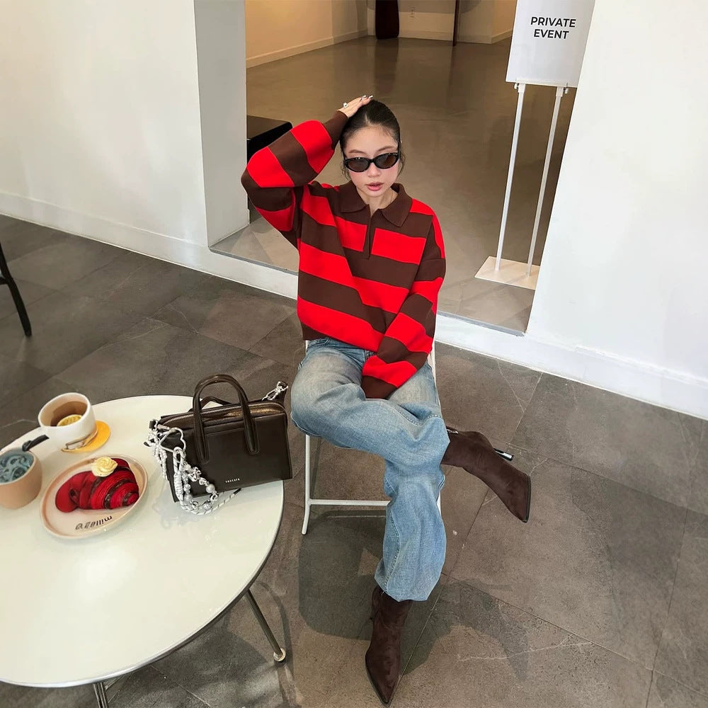 Women Oversize Rugby Knitted Sweater with Polo Collar & Wide Block Stripes Amarae