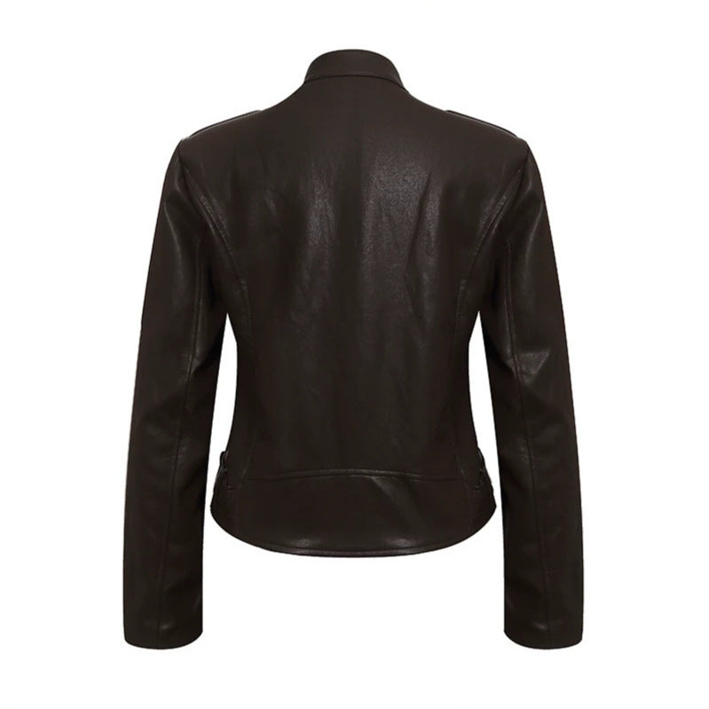 Women's Fitted Leather-Look Jacket with Stand-Up Collar, Epaulettes, and Waist Belt Amarae