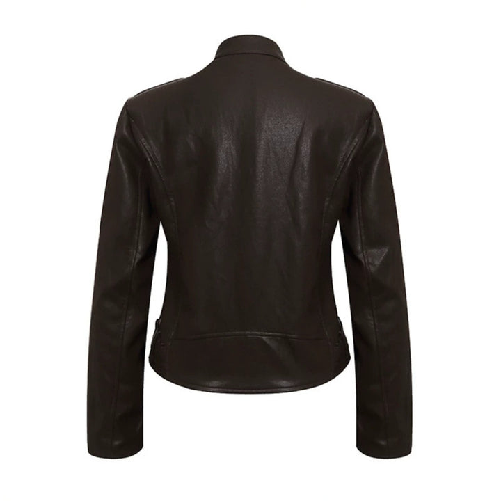 Women's Fitted Leather-Look Jacket with Stand-Up Collar, Epaulettes, and Waist Belt Amarae