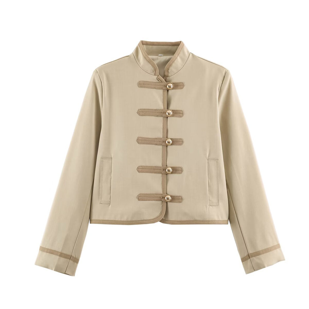Women's short jacket in Mandarin style with decorative bow knots and contrast trim Amarae