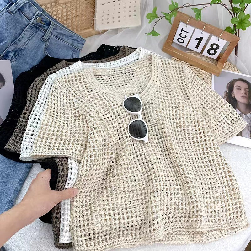 Ladies Textured Open Knit Top with Short Sleeves Lune London