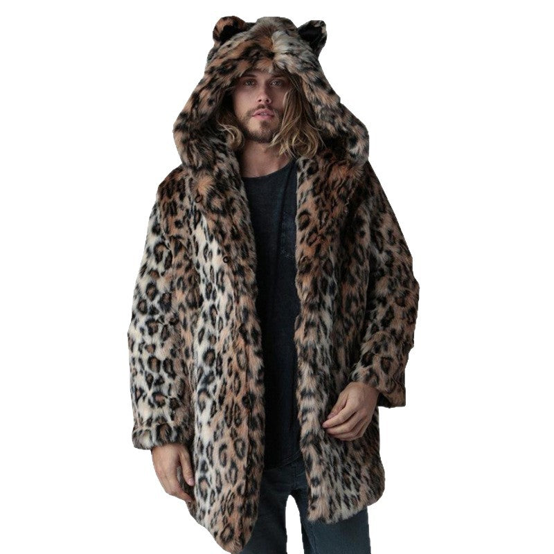Men's Long Faux Fur Coat with Hood, Ear Application and Oversized Silhouette Amarae
