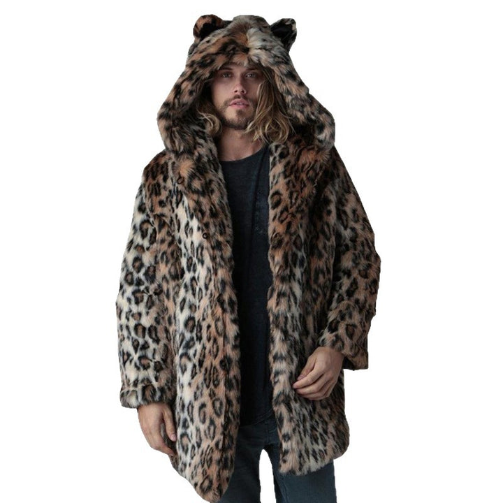 Men's Long Faux Fur Coat with Hood, Ear Application and Oversized Silhouette Amarae