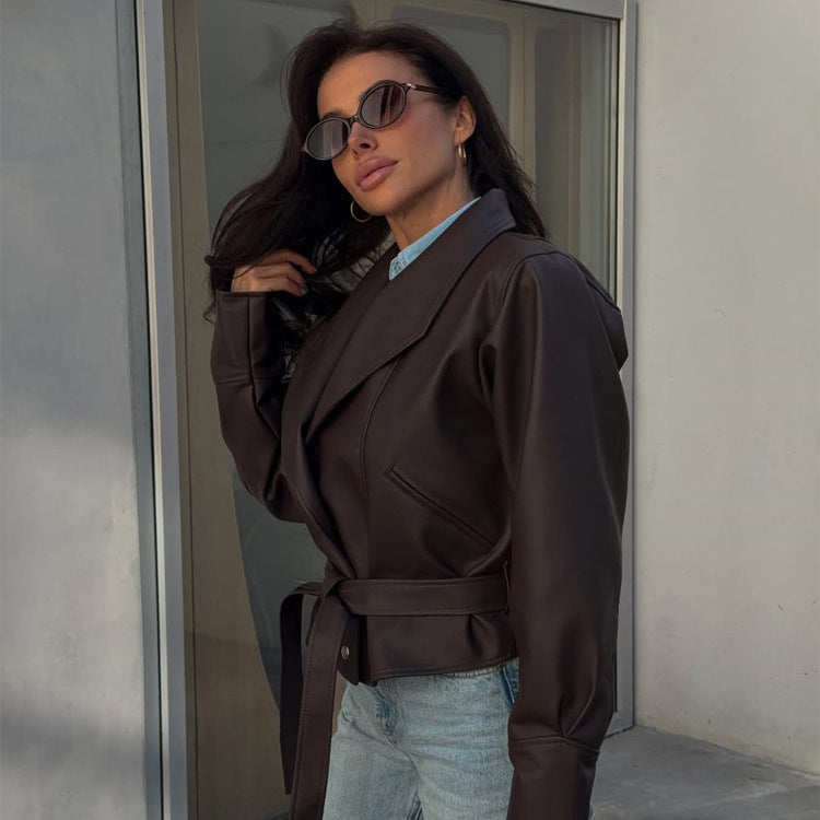 Women’s short blazer made of vegan leather with waist belt Amarae