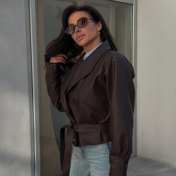 Women’s short blazer made of vegan leather with waist belt Amarae