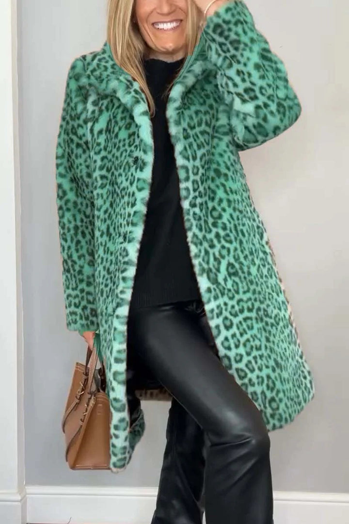 Ladies Leopard Print Faux Fur Jacket with High Collar Lune London
