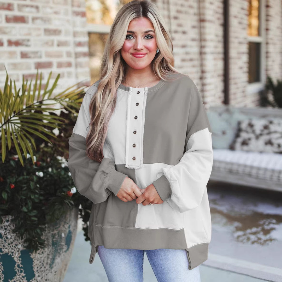 Women's Oversized Long Sleeve Sweatshirt in Colorblock with Henley Button Placket and Balloon Sleeves Amarae