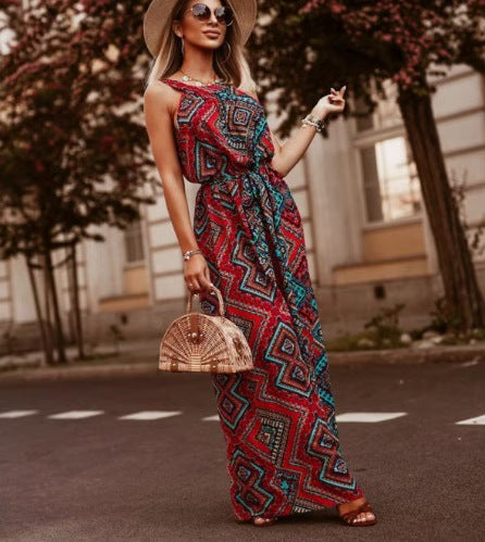 Maxi dress for women with floral pattern and adjustable belt Lune London