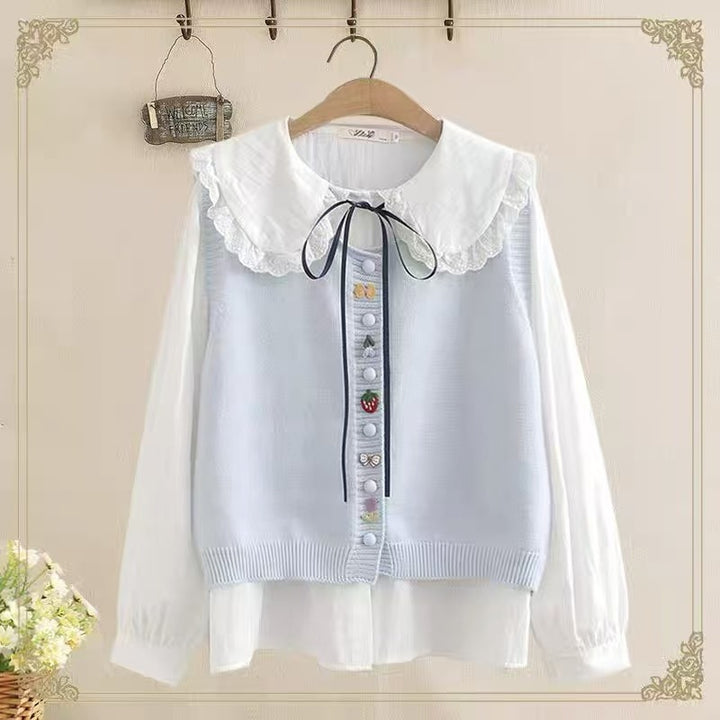 Knit blouse for women with decorative collar and handmade appliqués Lune London