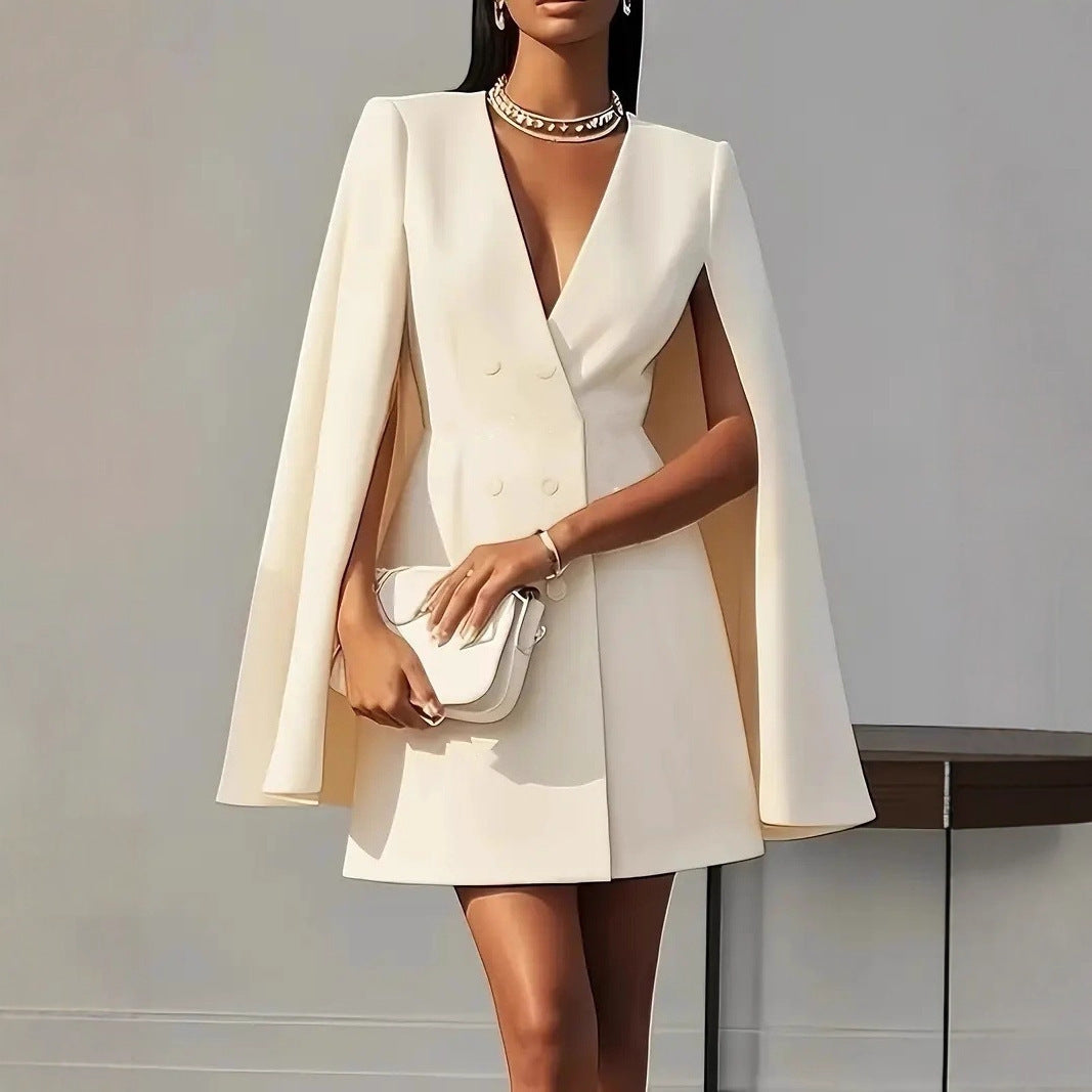 Ladies Cape Blazer Dress with Double Breasted and Flared Skirt Amarae