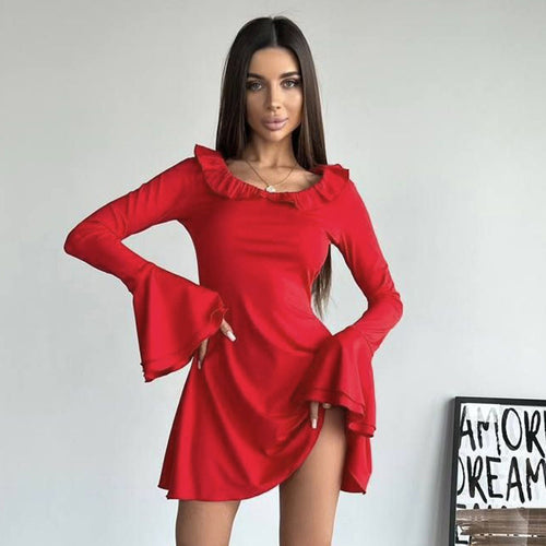 Off-shoulder dress for women with ruffle details and long sleeves Amarae