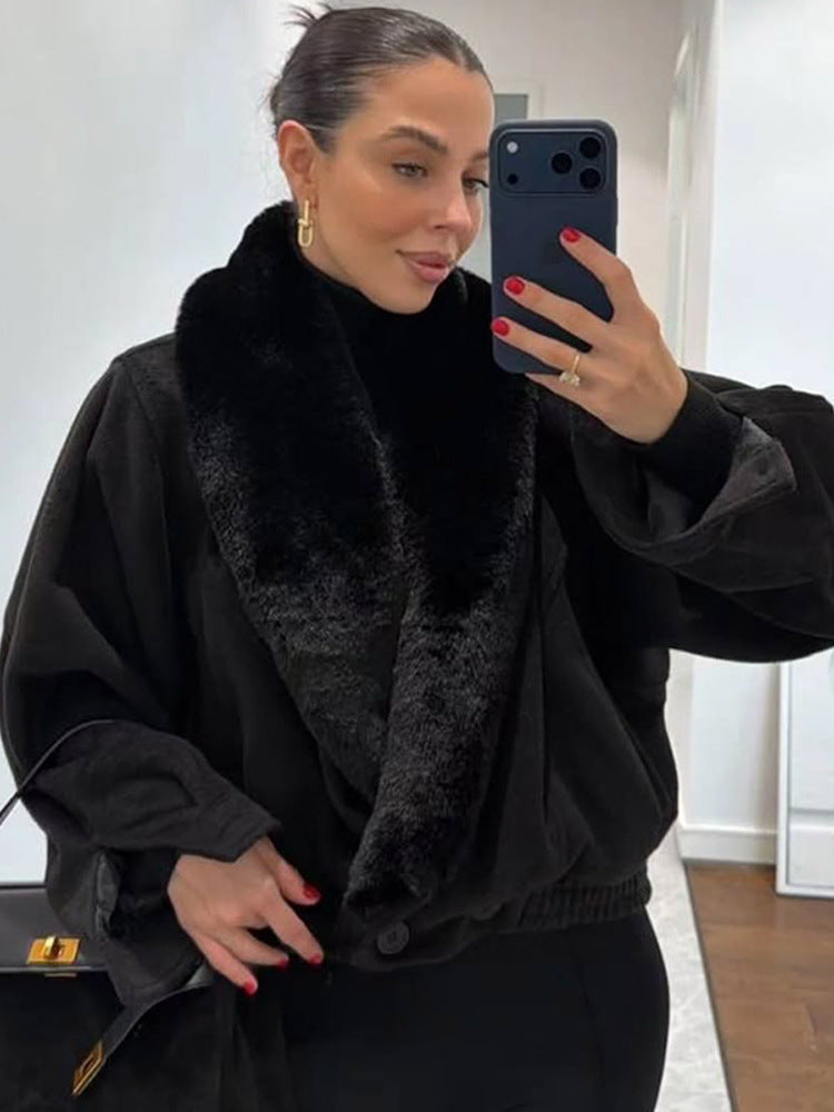 Women’s short jacket with voluminous faux fur shawl collar and elastic hem Amarae