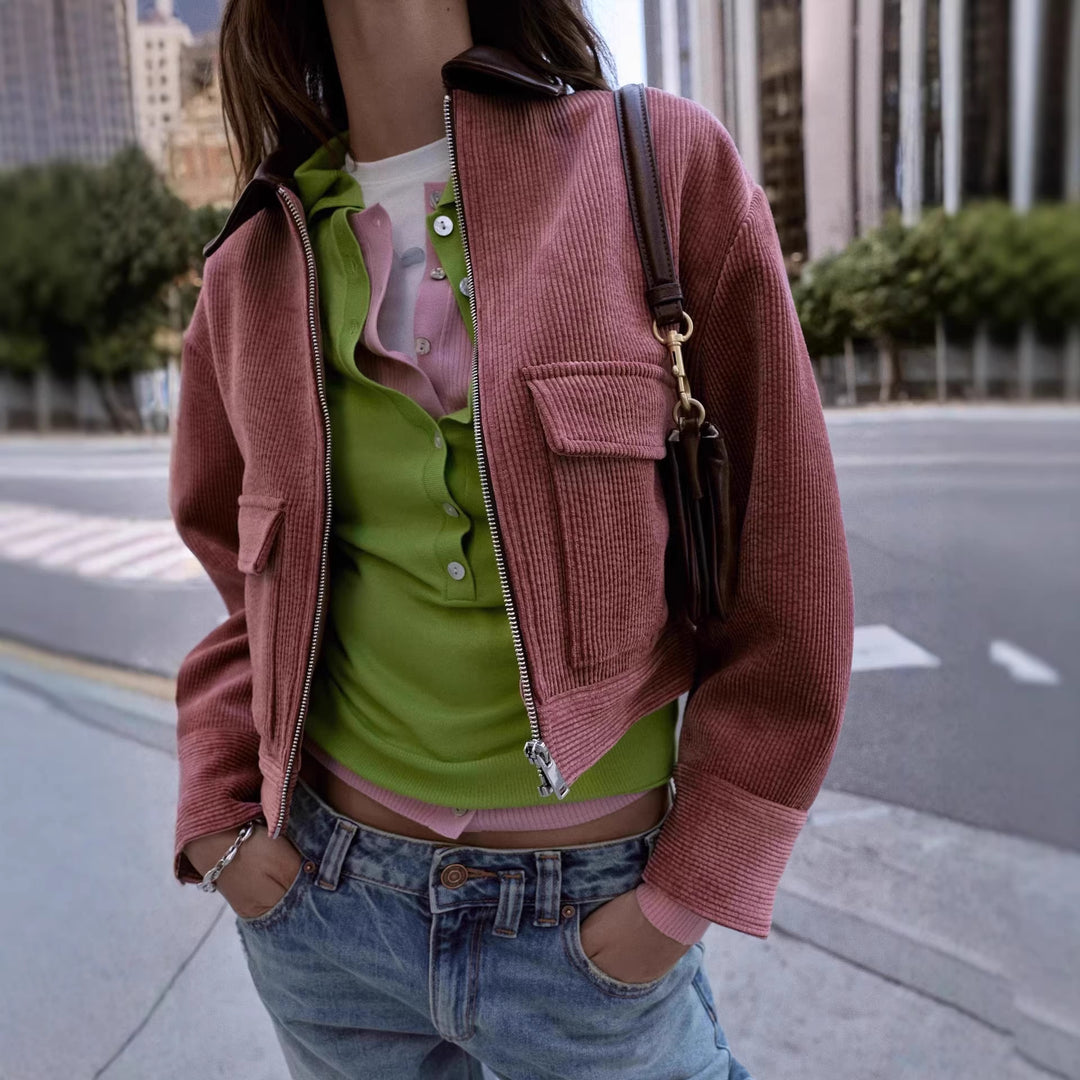 Women's short cut cord jacket with zipper, flap pockets, and leather collar Amarae