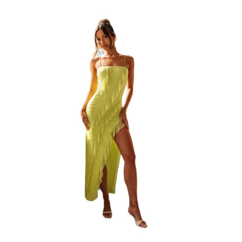 Women's maxi skirt with playful ruffle design and high slit Lune London