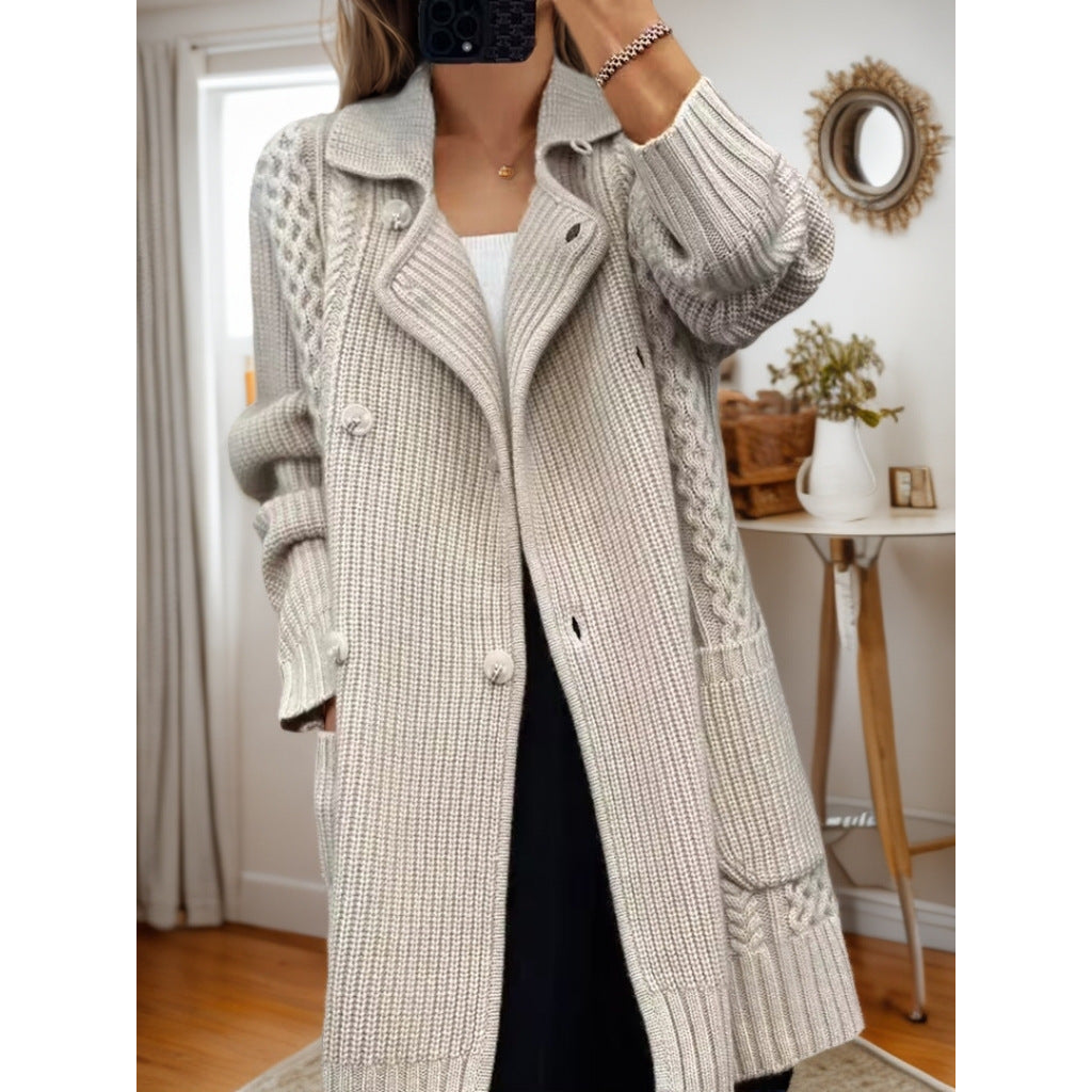 Knitted jacket for women with adjustable belt and textured cable pattern Lune London