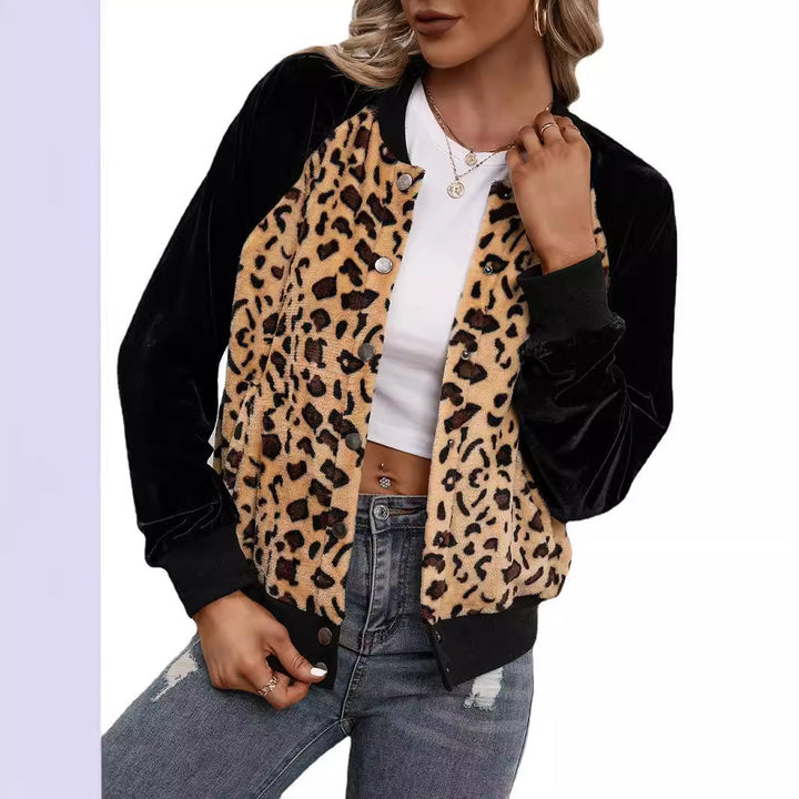 Elegant ladies bomber jacket with leopard print and velvet inserts Lune London