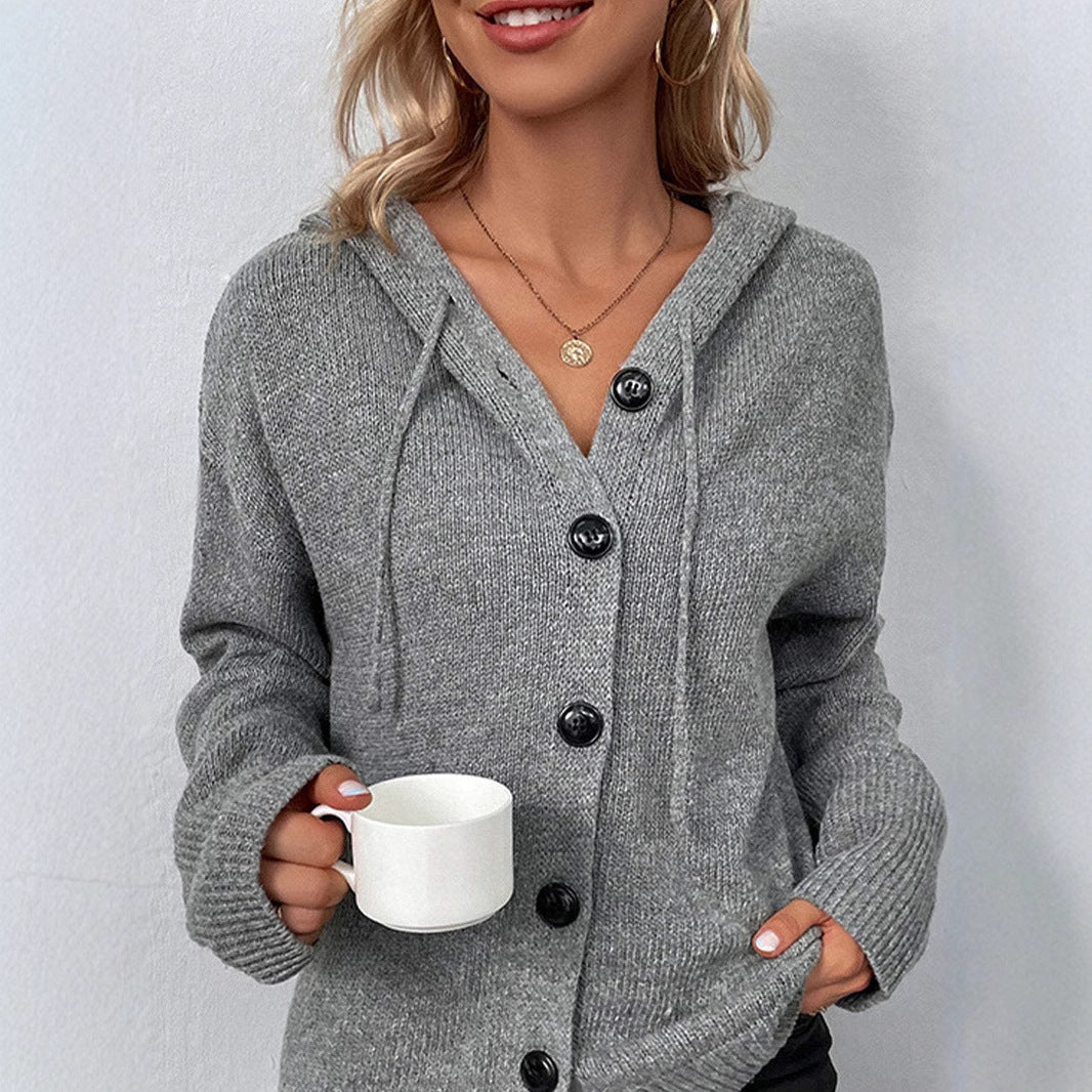 Ladies Cozy Knit Sweater with Hood and Decorative Buttons Lune London
