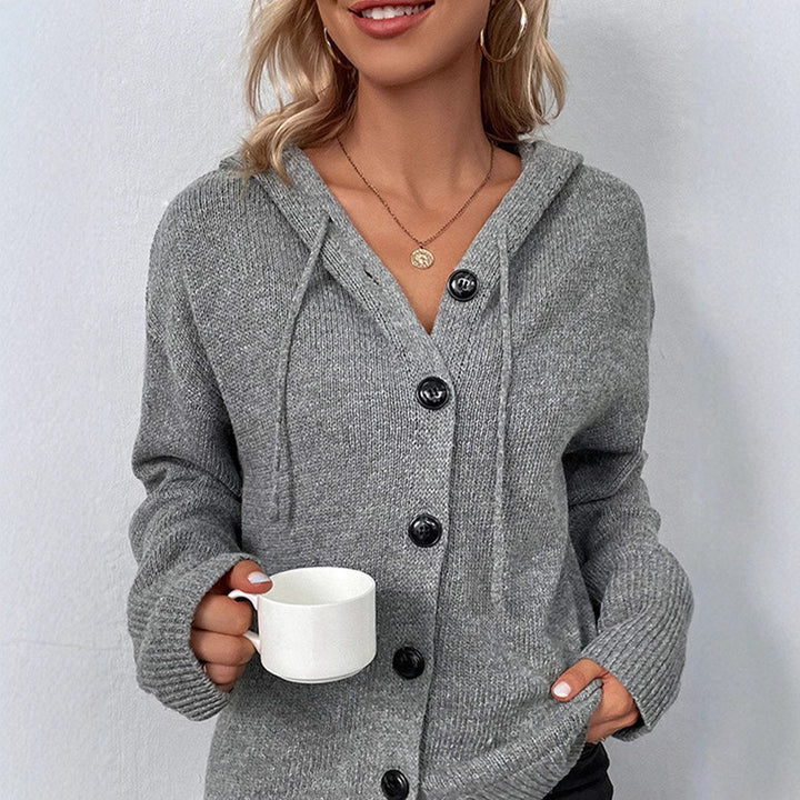 Ladies Cozy Knit Sweater with Hood and Decorative Buttons Lune London