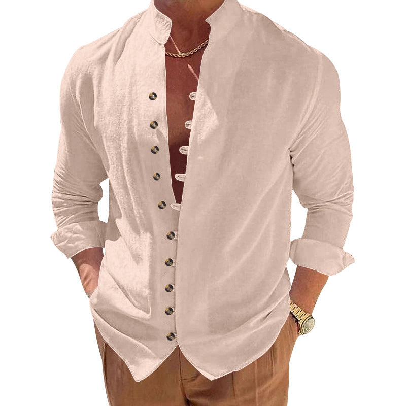 Fashionable long-sleeve shirt for men with a modern button design and a chic stand-up collar