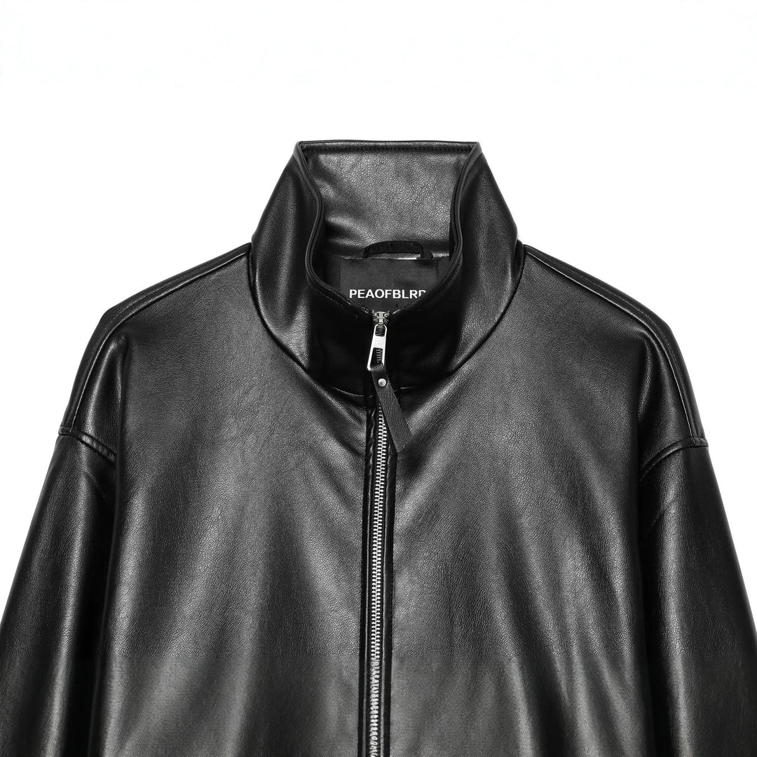 Ladies Cropped Faux Leather Jacket with Stand Collar and Zip Closure Amarae