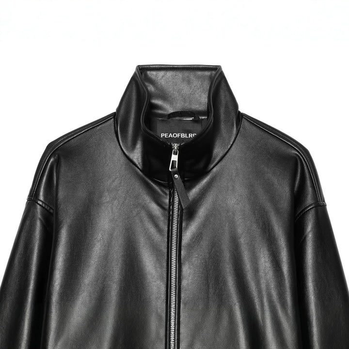 Ladies Cropped Faux Leather Jacket with Stand Collar and Zip Closure Amarae