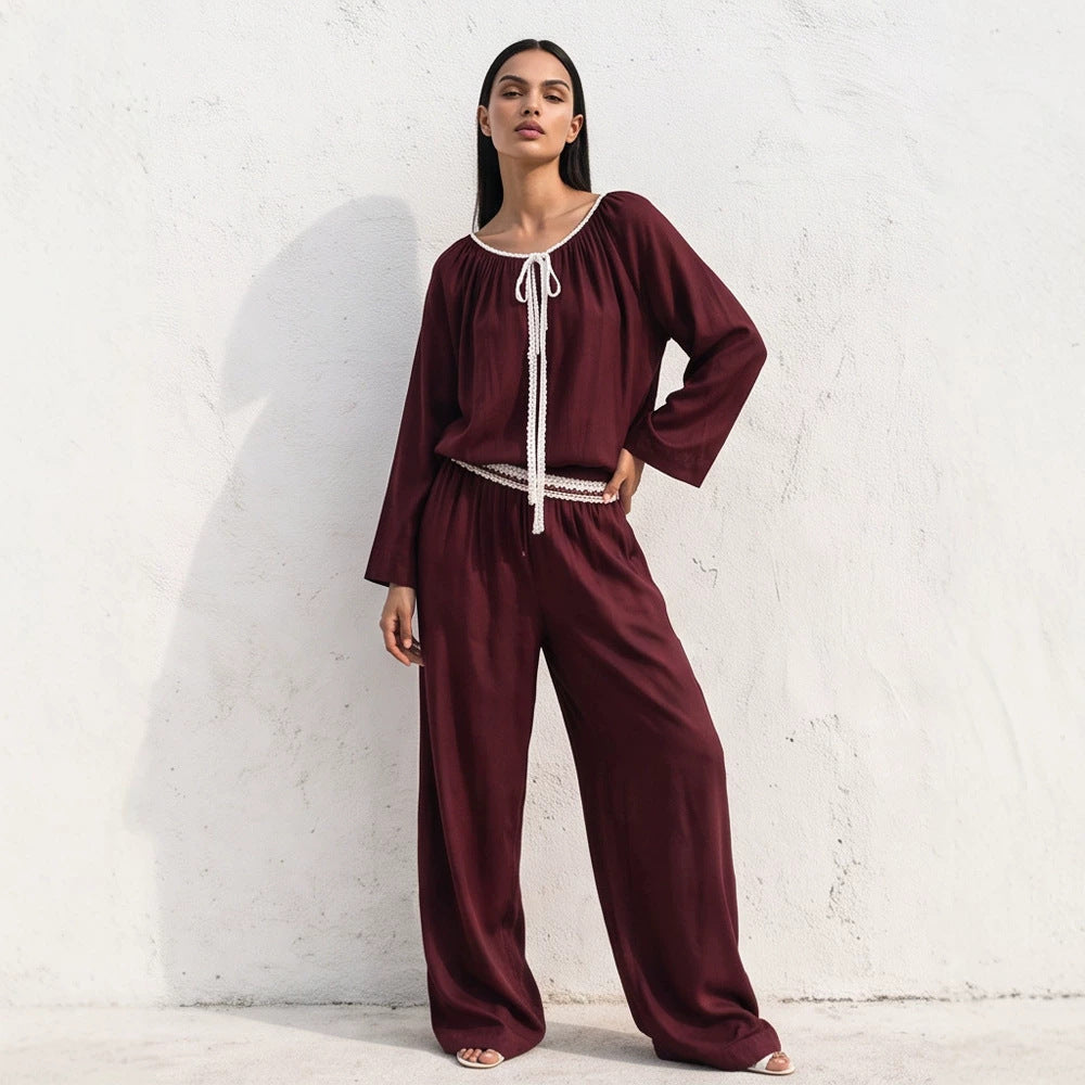 Ladies Flowing Two-Piece Loungewear Set in Silk Look with Wide Palazzo Pants and Gathered Tunic Amarae