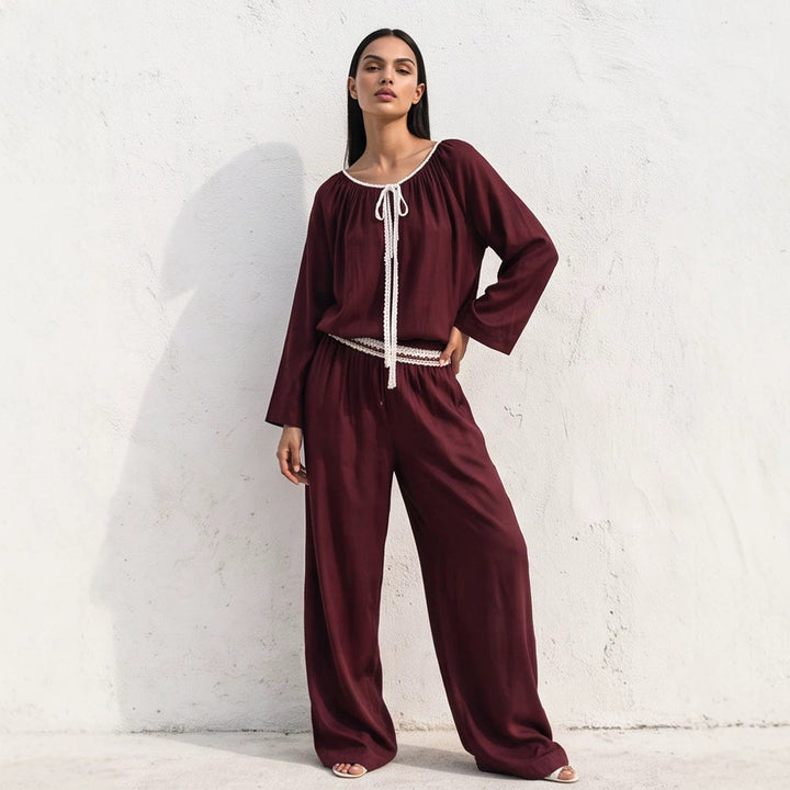 Ladies Flowing Two-Piece Loungewear Set in Silk Look with Wide Palazzo Pants and Gathered Tunic Amarae