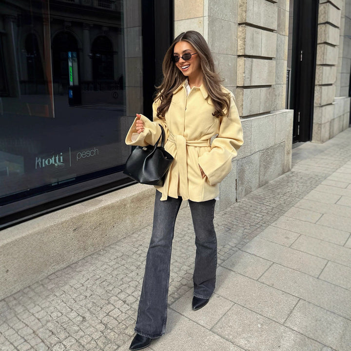 Women Wool Blend Short Jacket with Tying Belt, Boxy Silhouette and Subtle Lapel Amarae