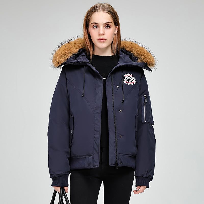 Ladies Puffer Sport Jacket with Removable Faux Fur Collar and Practical Chic Style Pockets