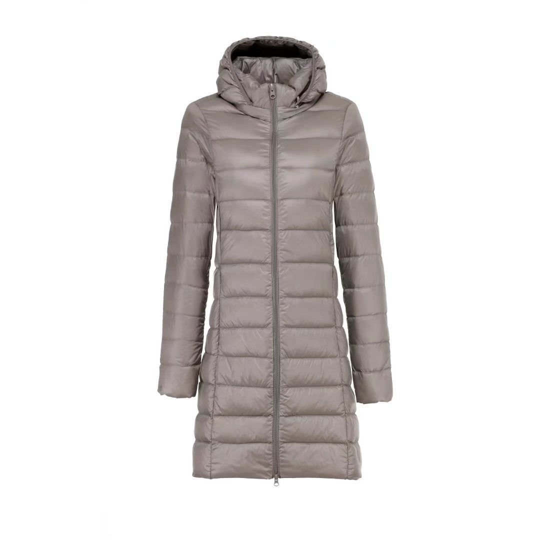 Women Long Cut Ultra-Light Thermal Parka with Contoured Silhouette and Hood Amarae