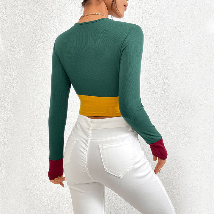 T-shirt court pour femmes avec design en bloc de couleur et manches longues Chic & Stil