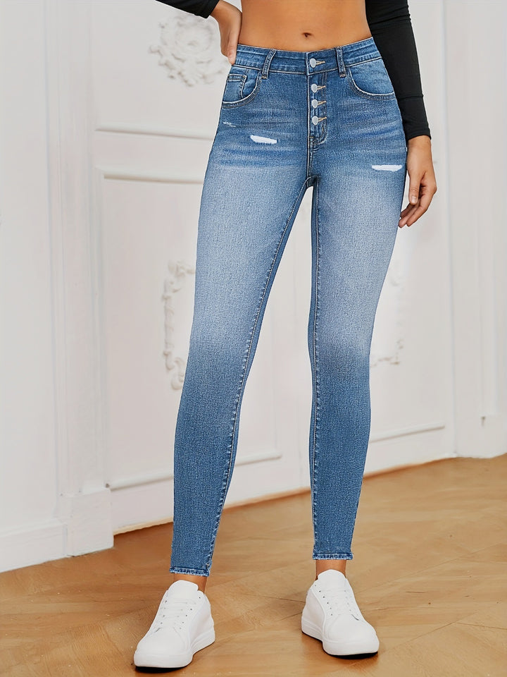 Women's High-Waisted Super Stretch Skinny Jeans with Sculpting V Waistband and Visible Button Placket Amarae
