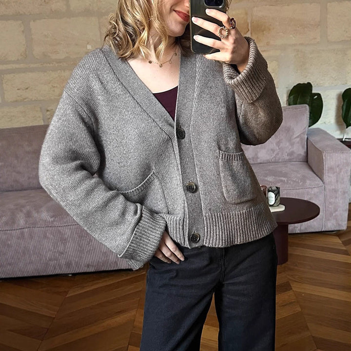 Women's Boxy Cardigan with V-Neck, Patch Pockets, and Horn Buttons Amarae