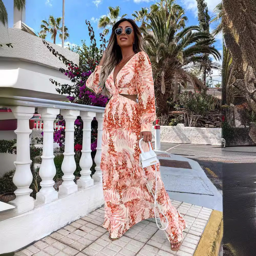 Maxi dress for ladies with an elegant V-neckline and a playful ruffled hem Lune London