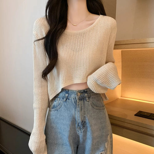 Women's Cropped Knit Sweater with Fine Weave Pattern and Casual Shoulder Areas
