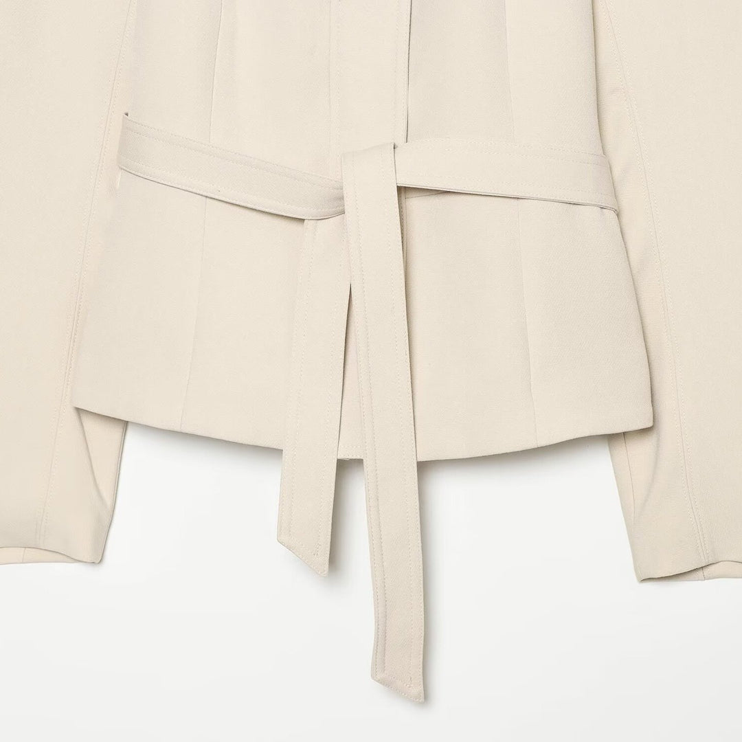Women's cropped jacket in minimalist trench style with wide shirt collar and tie belt Amarae