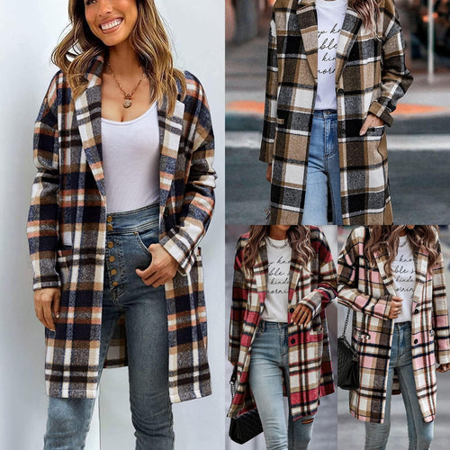 Ladies Trendy Checkered Coat with Deep Collar and Practical Pockets Amarae