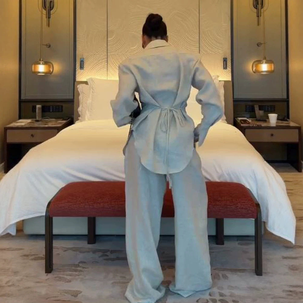 Women's Loose Linen Two-Piece with Boxy Shirt Blazer and Wide Palazzo Pants Amarae